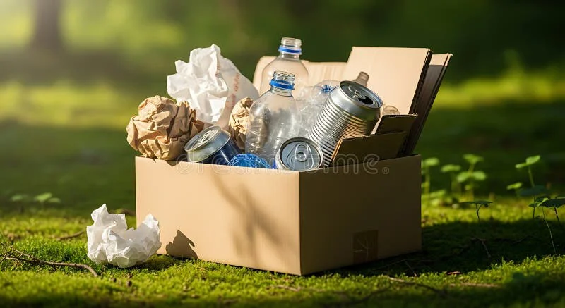 caja-de-reciclaje-llena-papel-plástico-y-latas-sobre-musgo-verde-en-un-entorno-natural-al-aire-libre-419065282